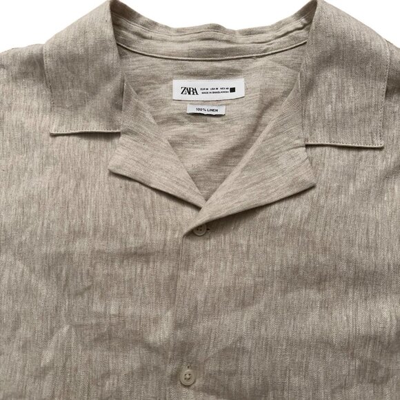 Zara Shirt Mens Size M Hawaiian Camp Collar Oversized Fit 100% Linen Beige - Picture 3 of 4